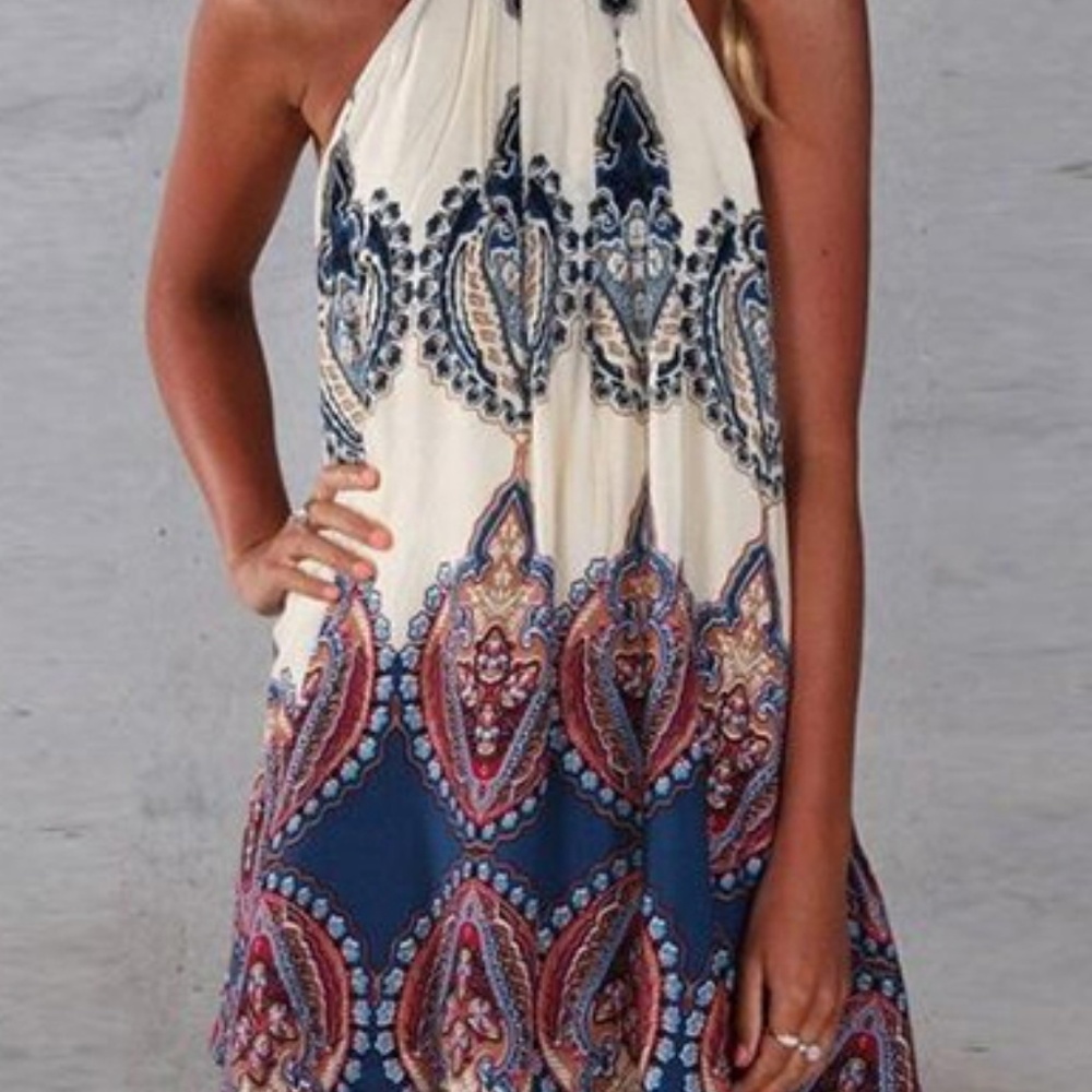 Printed Halter Style Dress - Self Tie Back / Bohem - Picture 3 of 3